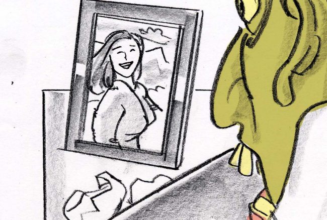 Spot color storyboard frame of man with a horrible cold with a big ugly head, OTS (over the shoulder) to girlfriend photo in frame.