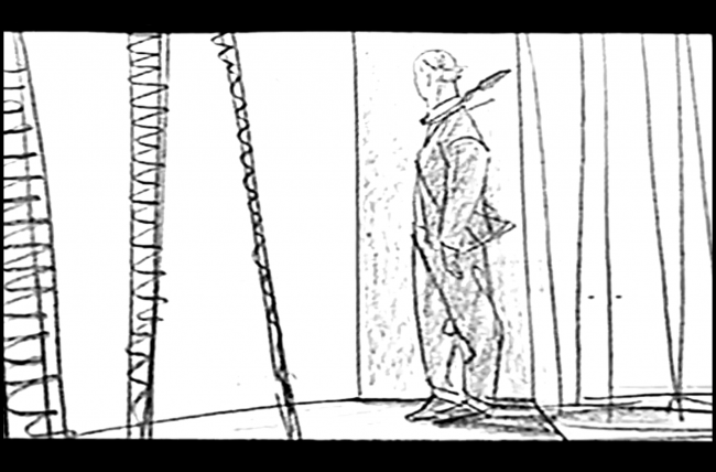 Chain of Fools movie bridge scene storyboard frame. Man on the bridge.