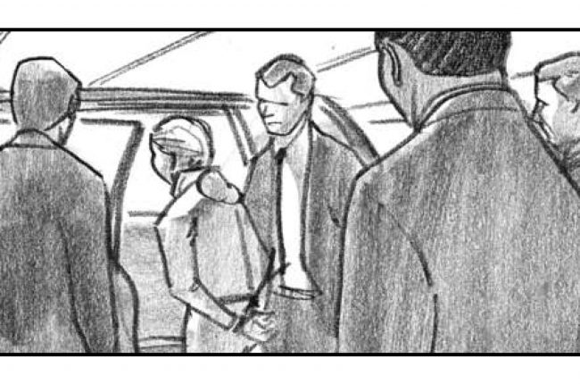 Woman suspect being arrested by the FBI and put into a car. Black and white storyboard frame