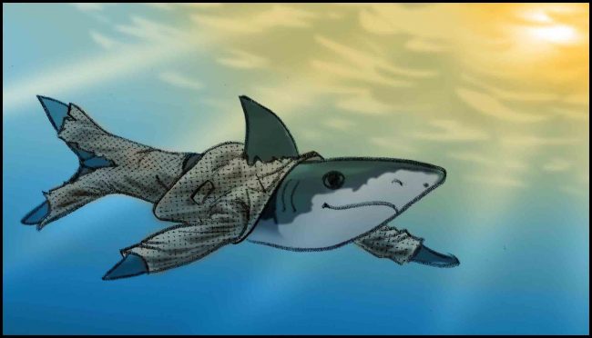 Color storyboard illustration of a shark wearing a tweed suit.