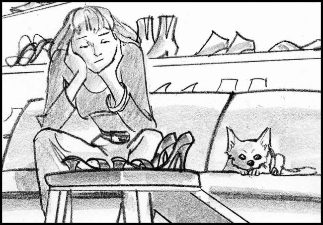 Black and white storyboard frame of woman and Chihauhau dog bored.