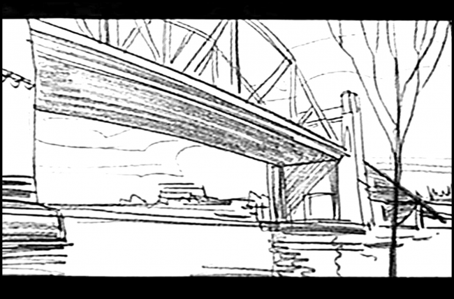 Chain of Fools movie bridge scene storyboard frame. The bridge.