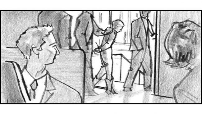 Woman suspect being arrested by the FBI. Black and white storyboard frame