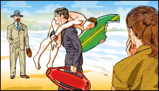 Color storyboard illustration of a lifeguard wearing a tweed suit, carrying a naked surfer from the ocean.