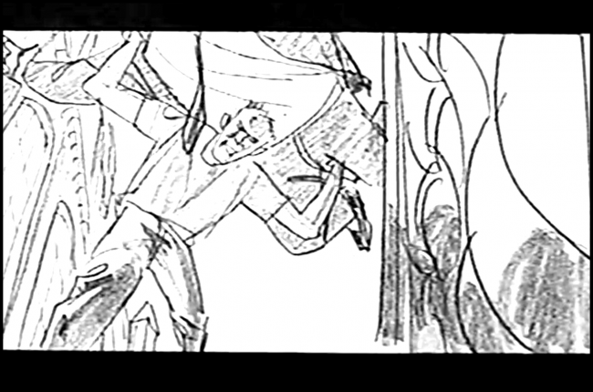 Movie storyboard frame for the film Chain of Fools, small man carrying large man