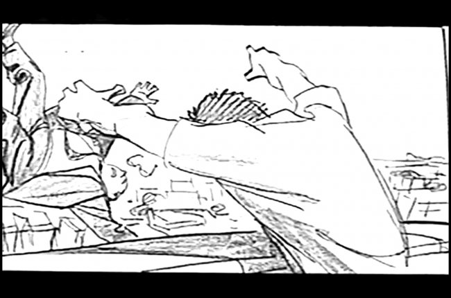Movie storyboard frame for the film Chain of Fools, small man throwing large man off balcony