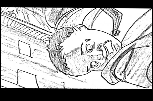 Movie storyboard frame for the film Chain of Fools, small man down at large man he threw off balcony