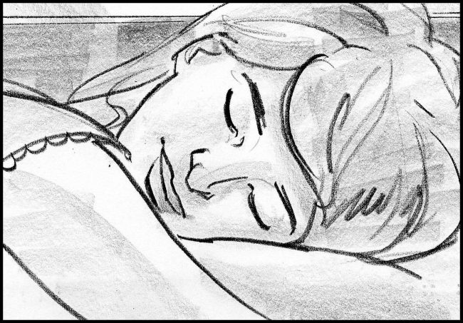 Black and white storyboard frame of woman sleeping.