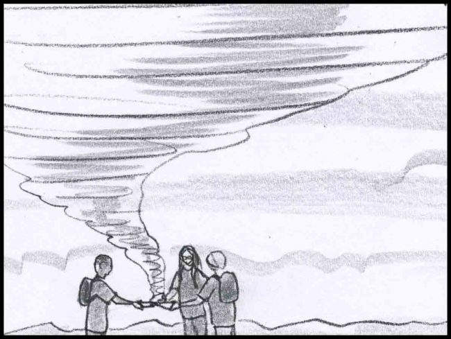Black and white commercial storyboard frame of 3 kids creating a tornado of power