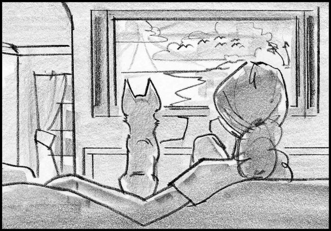 Woman and pet dog both watching tv. Black and white storyboard frame.