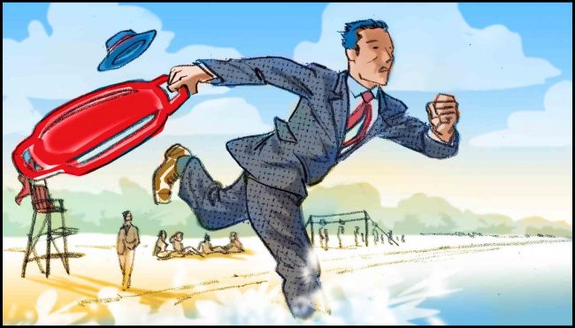 Color storyboard illustration of a lifeguard wearing a tweed suit, running into the ocean.