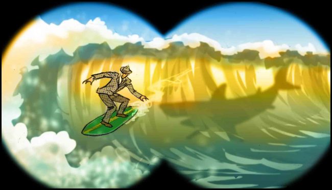 Color storyboard illustration of a surfer wearing a tweed suit, being pursued by a shark.