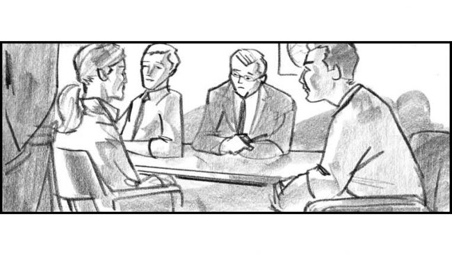 Woman suspect being interviewed by the FBI, black and white storyboard frame