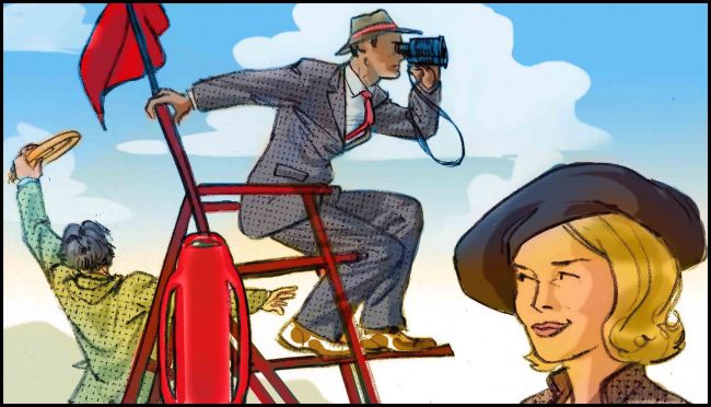 Color storyboard illustration of a lifeguard wearing a tweed suit.