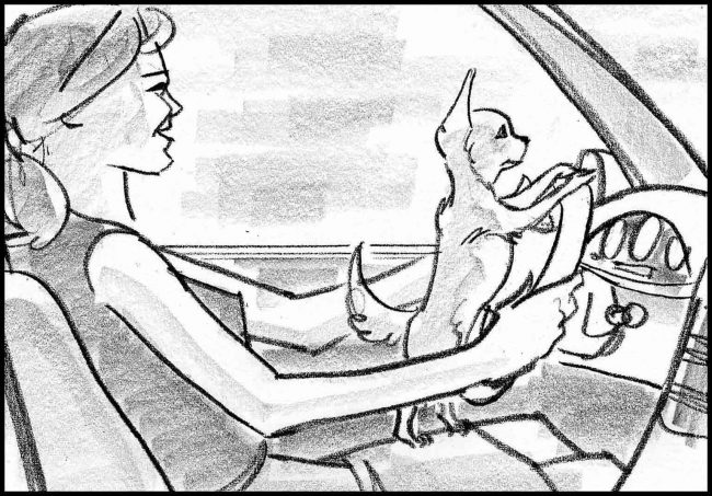 Woman and pet dog both driving. Black and white storyboard frame.