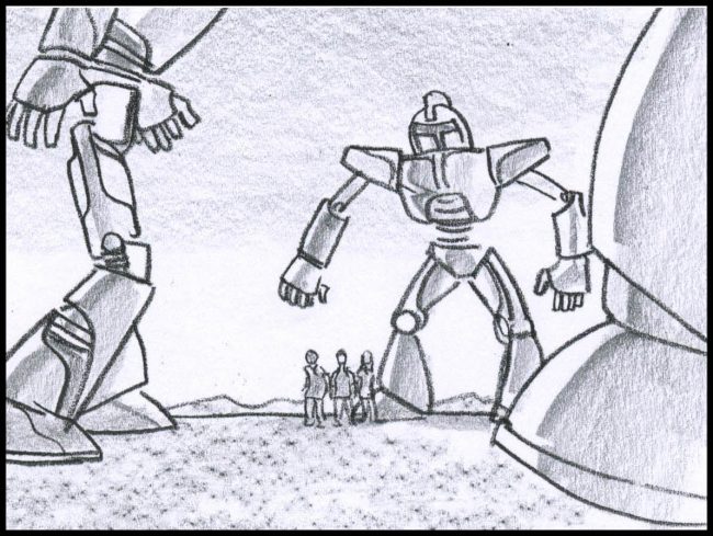 Black and white commercial storyboard frame of 3 kids surrounded by gian robots in a wide shot