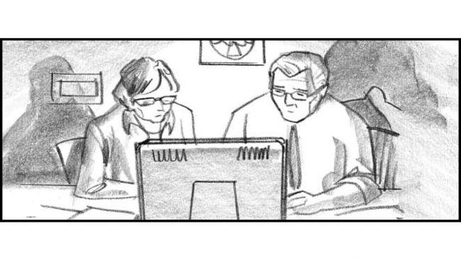 Black and white storyboard frame man and woman investigating computer