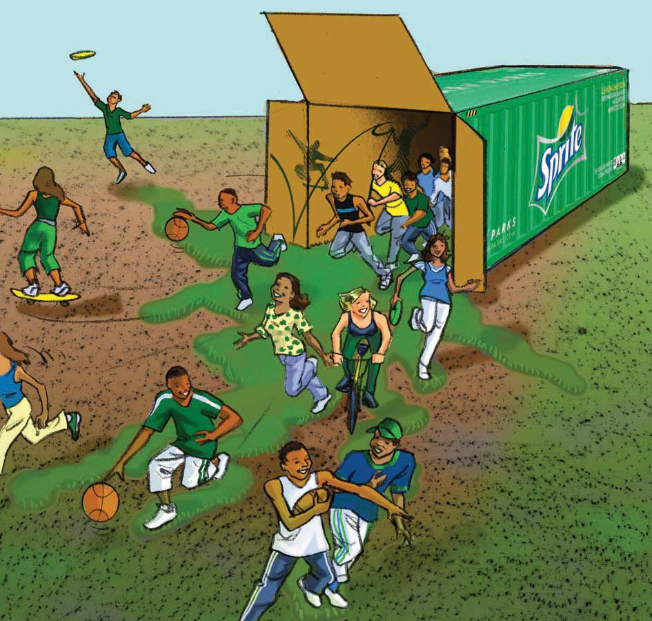Color advertising comp for print ad or point of sale, African American young people playing sports