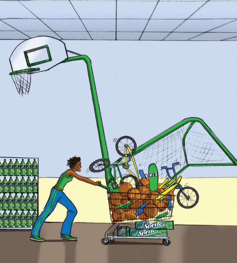 Color advertising comp for print ad or point of sale, African American young woman pushing supermarket cart full of sports equipment
