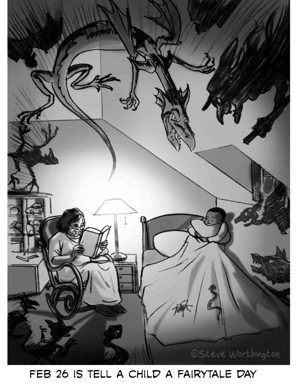 Black and white or grayscale illustration celebrating tell a child a fairytale day. A scared child is being read frightening stories by his grandmother.