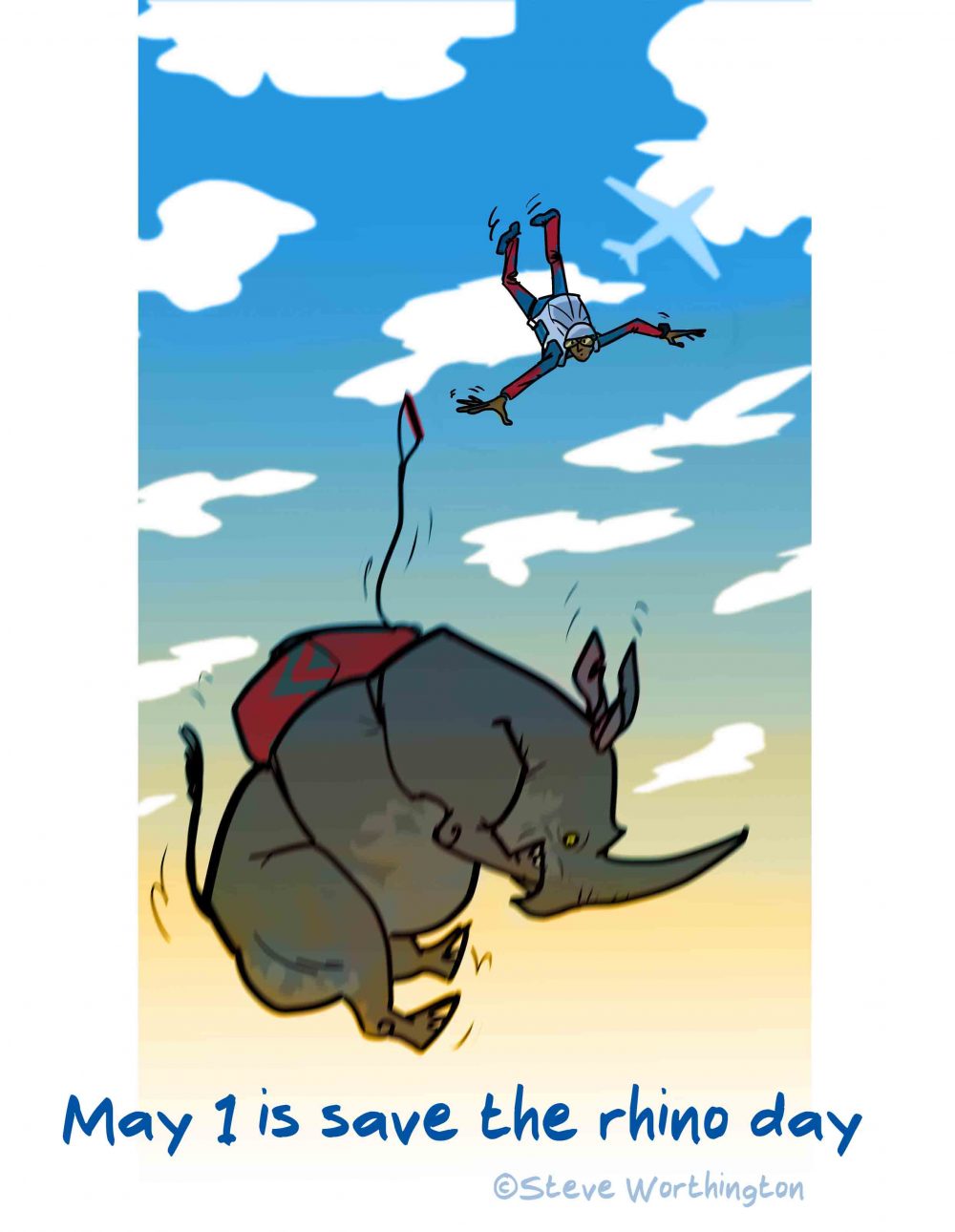 Color illustration celebrating save the rhino day. A skydiver chases a rhino through the air.