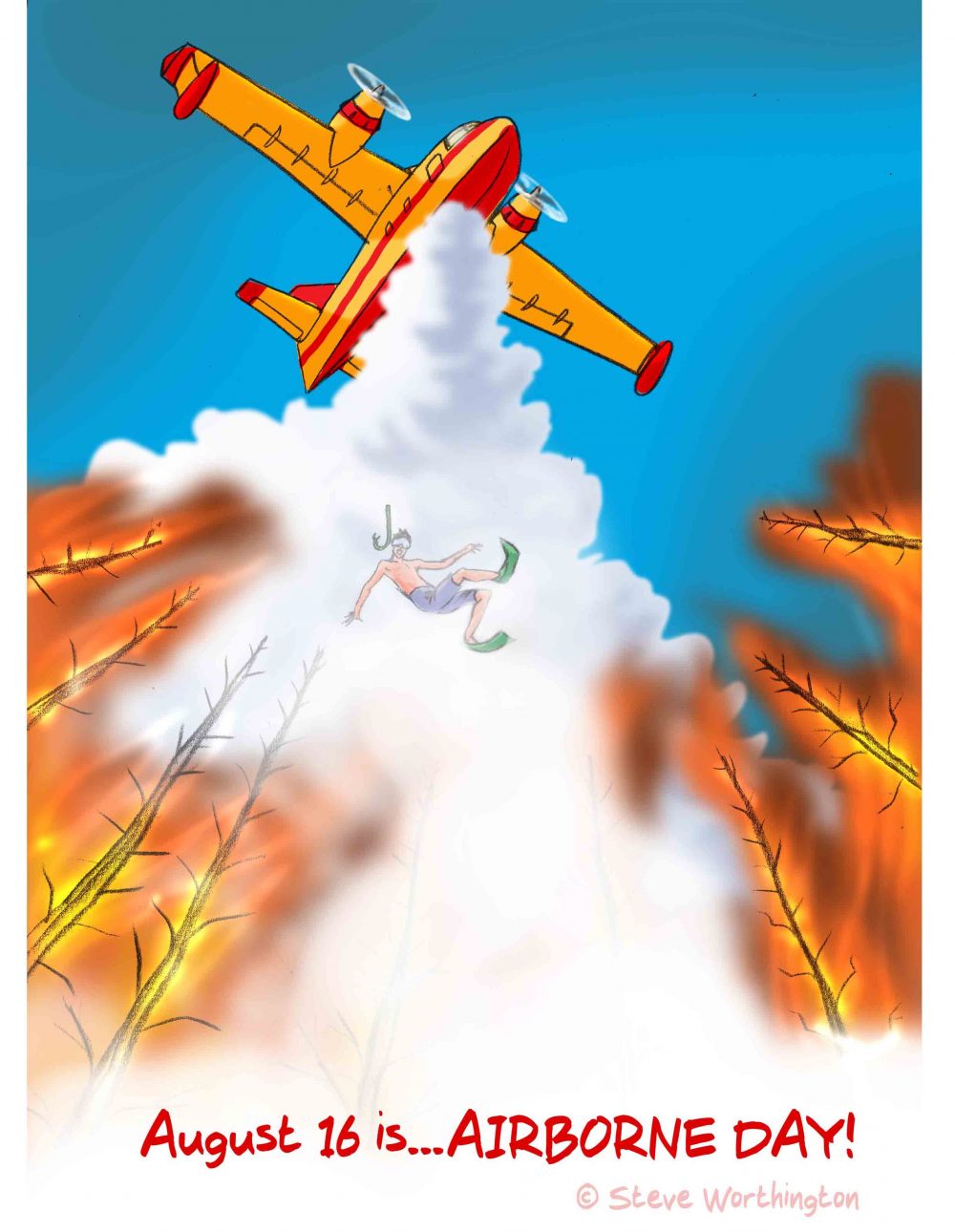 Color illustration for August 16, airborne day showing a snorkeler being dropped onto a forest fire by a firefighter air tanker