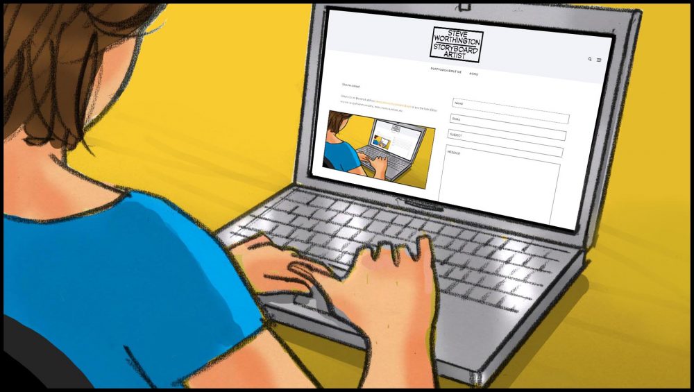 Color storyboard frame of woman on laptop