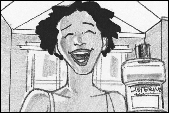 Black and white production shooting board for Listerine commercial of black woman smiling