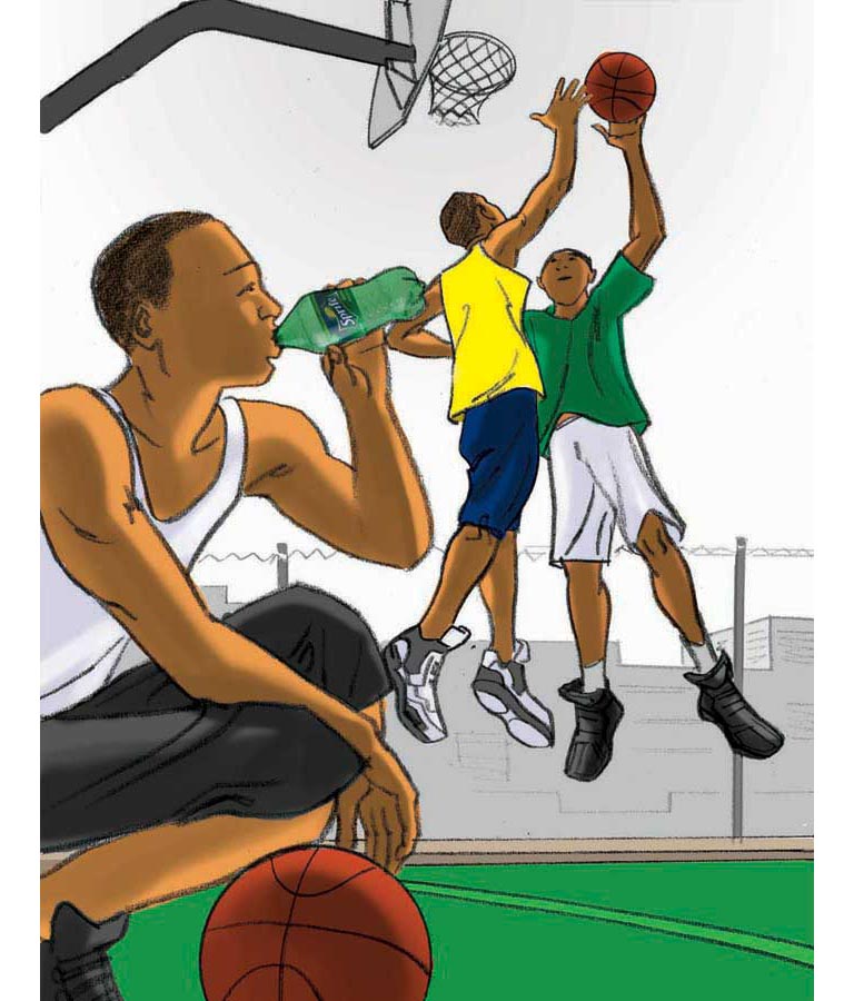 Color print comp of a young man drinking a soft drink soda on a basketball court as two more young men shoot hoops