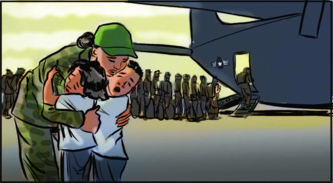 Color storyboard for veterans public service announcement tv commercial showing a mother leaving her children at a military base as she prepares to board a c130 transport aircraft