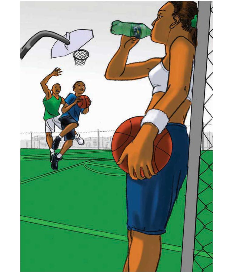 Color print comp of a woman drinking a soft drink soda on a basketball court as two young men shoot hoops