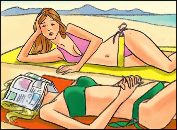 Color storyboard frame for Clearasil commercial. Two young women laying on towels at the beach, one with a magazine covering her face