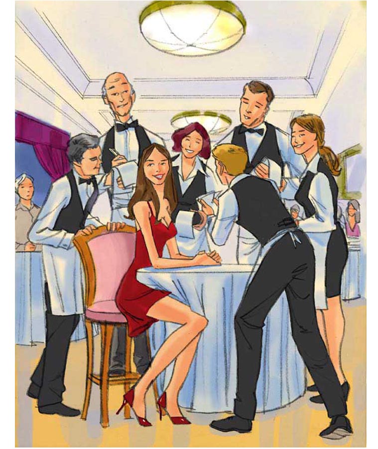 Color print comp of a woman in a hotel restaurant with many waiters and waitresses fawning over her