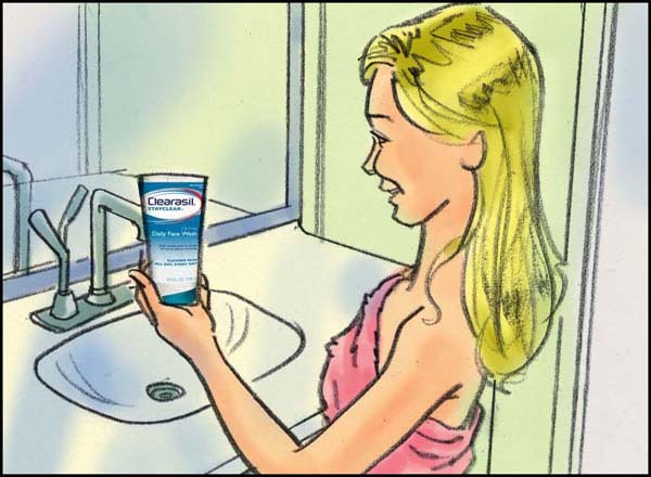 Color storyboard frame for Clearasil commercial. A young woman in her bathroom holding up a tube of Clearasil