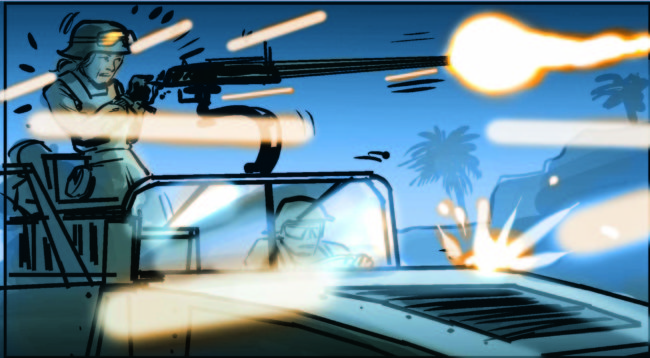 Color storyboard for veterans public service announcement tv commercial showing a topgunner woman firing a 50 cal topgun on a humvee