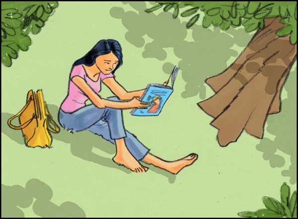Color storyboard frame for Clearasil commercial. A young woman on some grass reading