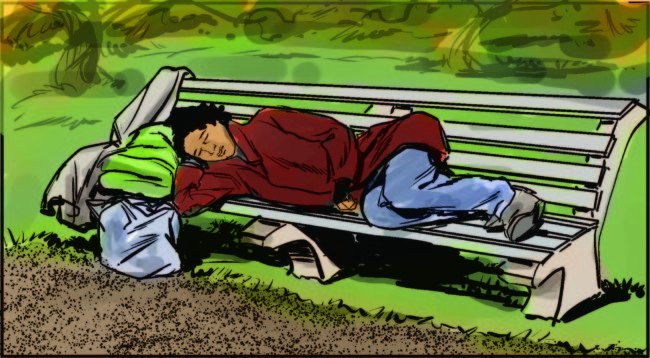 Color storyboard for veterans public service announcement tv commercial showing a black homeless woman sleeping on a park bench