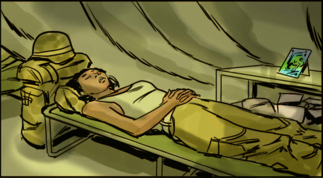 Color storyboard for veterans public service announcement tv commercial showing a black woman in the armed services sleeping on her cot in a tent