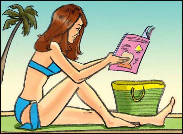 Color storyboard frame for Clearasil commercial. A young woman sitting on a towel at the beach reading