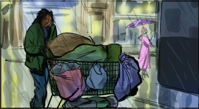 Color storyboard for veterans public service announcement tv commercial showing a homeless woman veteran pushing a shopping cart in the rain