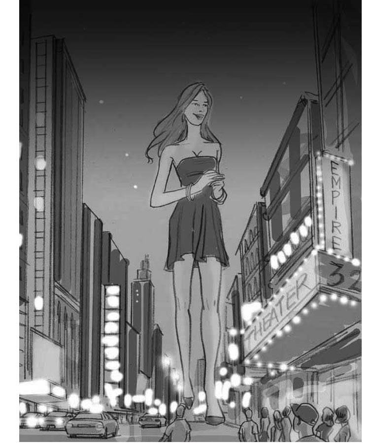 Black and white print ad comp of a giantess or 50 foot woman walking at night in the city