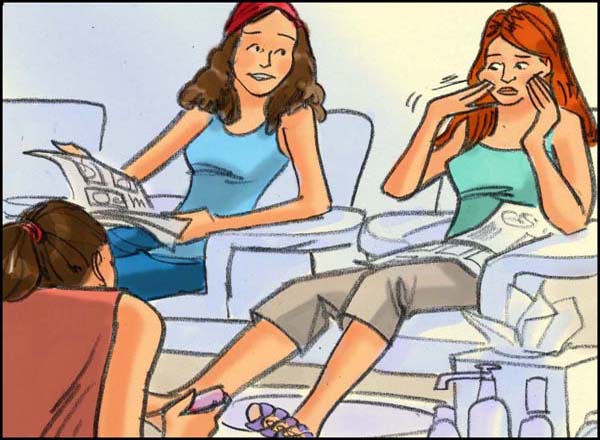 Color storyboard frame for Clearasil commercial. Two young women getting pedicures