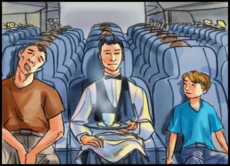 Coffee commercial color storyboard frame of a waiter taking a coffee on a plane.