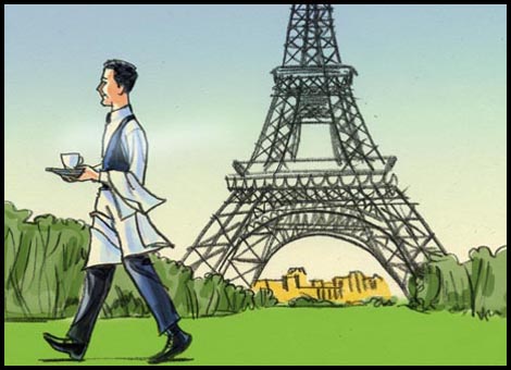 Coffee commercial color storyboard frame of a waiter taking a coffee past the Eiffel Tower