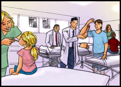 Color advertising agency storyboard for medical emergency room health care card showing busy emergency room with doctors and nurses attending to patients