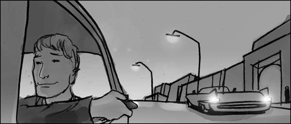 Black and white storyboard in a movie aspect ratio for a DUI psa showing a man in a taxi cab locking his car