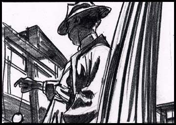 Black and white film noir style storyboard for the commercial director of a Rice-a-roni spot showing a boy in a Dick Tracy costume with a yoyo hamming up a gumshoe style