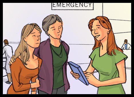 Color advertising agency storyboard for medical emergency room health care card showing nurse admitting patients and writing down their injuries