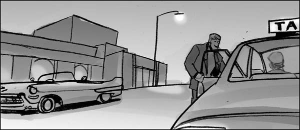 Black and white storyboard in a movie aspect ratio for a DUI psa showing a man getting in a taxi cab