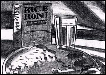 Black and white film noir style storyboard for the commercial director of a Rice-a-roni spot showing product shot of box and plated food with a glass of water